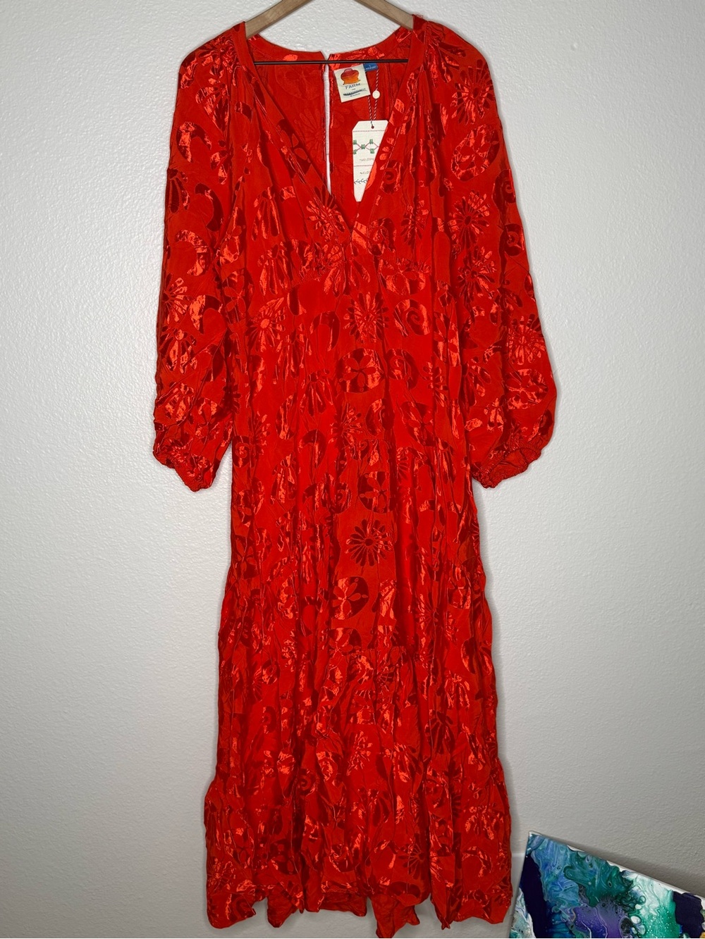 FARM Rio Long-Sleeve V-Neck Jacquard Maxi Dress, size L NWT - Picture 4 of 9
